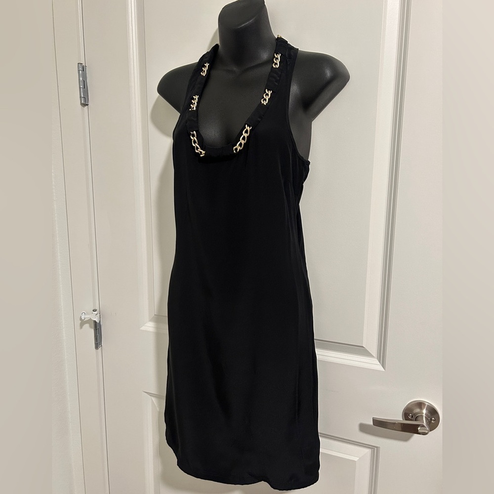 AKA New York Black Sleeveless tank Silk dress, Sz XS, gold chain neckline LBD